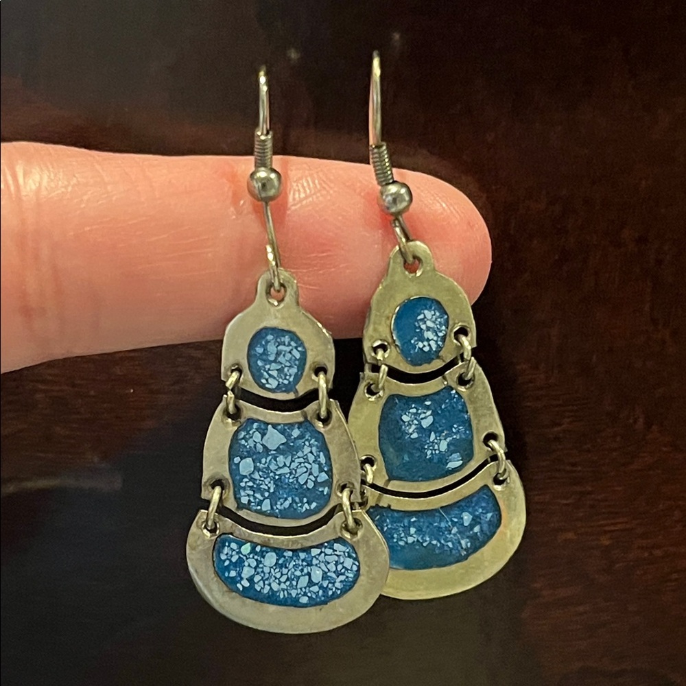 Alpaca Silver Blue Stone Dangle Earrings
